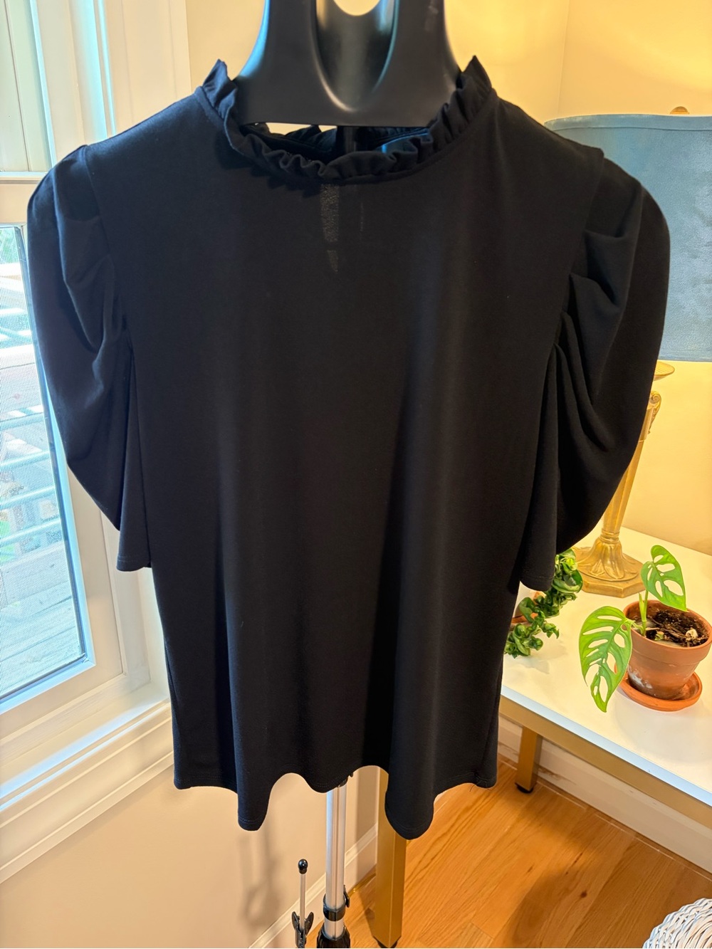 CeCe Black Ruffle-Neck Blouse with Puff Sleeves